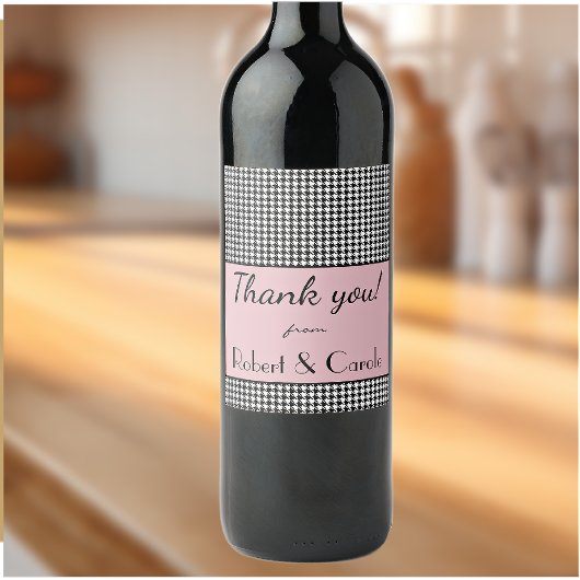 Custom Text, Thank You, Vintage Pink Houndstooth ワインラベル