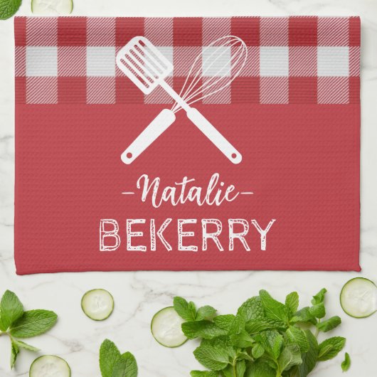 Custom text Trendy classic tartan red white match キッチンタオル (折り畳み)