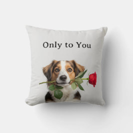 custom text valentine dog holding rose portrait クッション