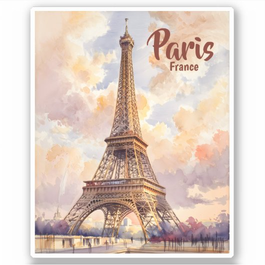 Custom Text Watercolor Eiffel Tower Sunset Travel シール (正面)