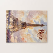Custom Text Watercolor Eiffel Tower Sunset Travel ジグソーパズル (横)