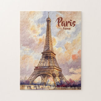 Custom Text Watercolor Eiffel Tower Sunset Travel ジグソーパズル