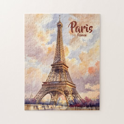 Custom Text Watercolor Eiffel Tower Sunset Travel ジグソーパズル (縦)