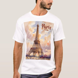 Custom Text Watercolor Eiffel Tower Sunset Travel Tシャツ
