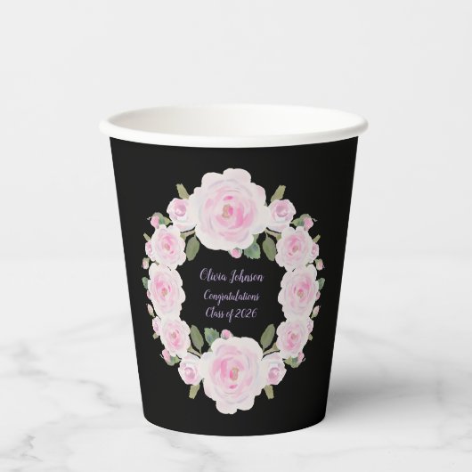 Custom Texts Pink Rose Wreath Paper Cup Graduation 紙コップ (正面)