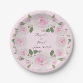 Custom Texts Pink Roses Wreath Paper Plate Wedding ペーパープレート
