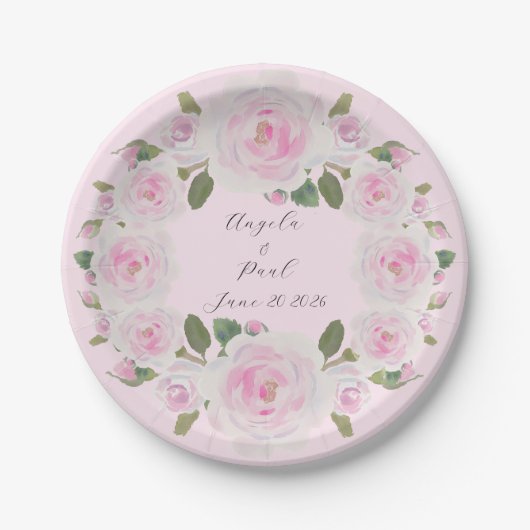 Custom Texts Pink Roses Wreath Paper Plate Wedding ペーパープレート (正面)