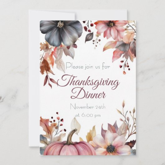 Custom Thanksgiving Dinner Pumpkin and Flowers 招待状 (正面)