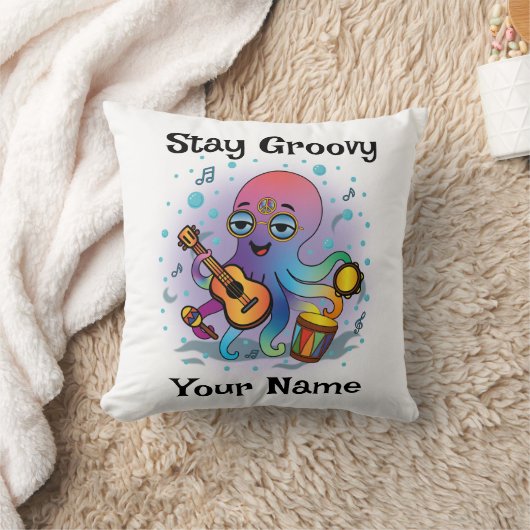 Custom Throw Pillow | Retro Octopus | Name & Text クッション (ブランケット)