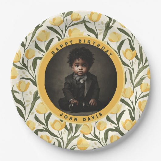 Custom Tulip Flower Boho Birthday ペーパープレート (正面)