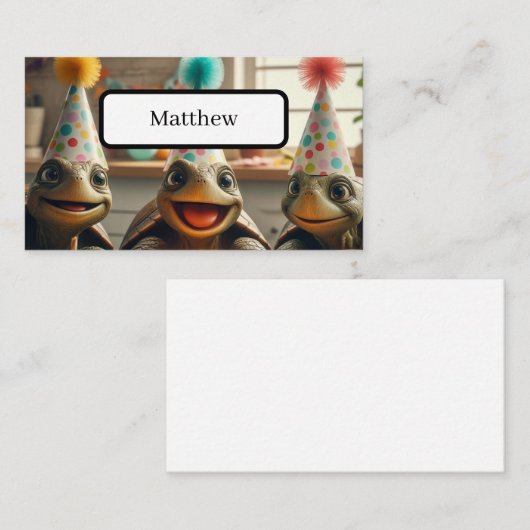 Custom turtles with birthday cake and hats  プレイスカード (正面/裏面)