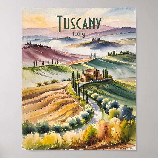Custom Tuscany Watercolor Rolling Hills Landscape ポスター (正面)