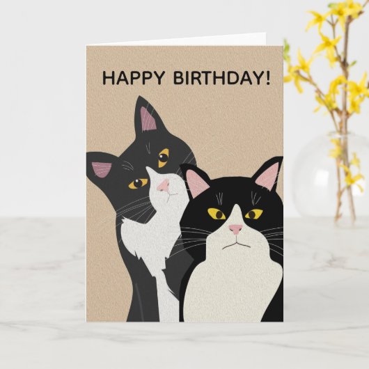 CUSTOM Two Cats Happy Birthday  カード (黄色い花)