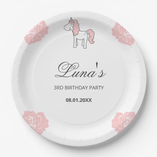 Custom Unicorn Cute Pink Birthday Party  ペーパープレート (正面)