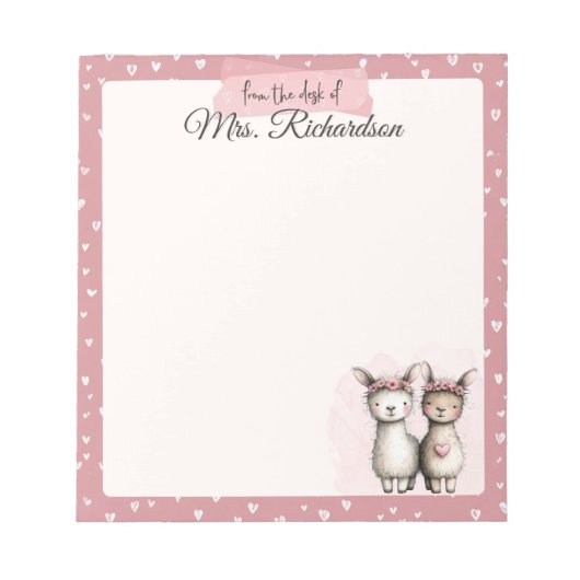 Custom Valentine Notepad Cute Pink Llama & Hearts ノートパッド (正面)