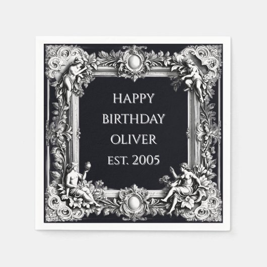 Custom Victorian Scroll Frame Napkin – black スタンダードカクテルナプキン (正面)