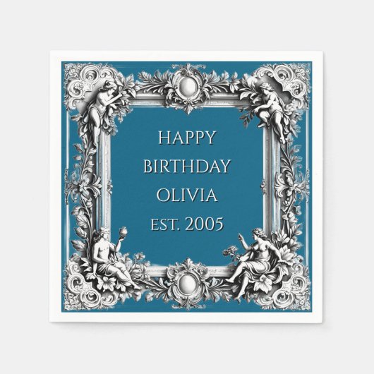 Custom Victorian Scroll Frame Napkin – dark blue スタンダードカクテルナプキン (正面)