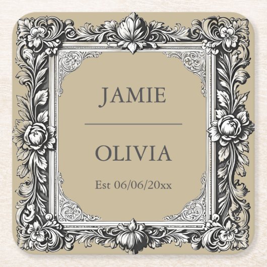 Custom Victorian Scroll Frame Napkin – mocha brown スクエアペーパーコースター (正面)