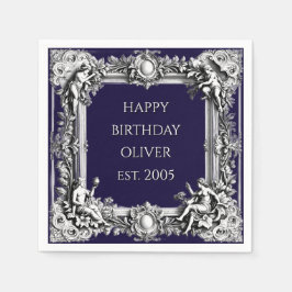 Custom Victorian Scroll Frame Napkin – navy blue スタンダードカクテルナプキン