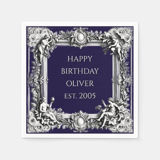 Custom Victorian Scroll Frame Napkin – navy blue スタンダードカクテルナプキン (正面)