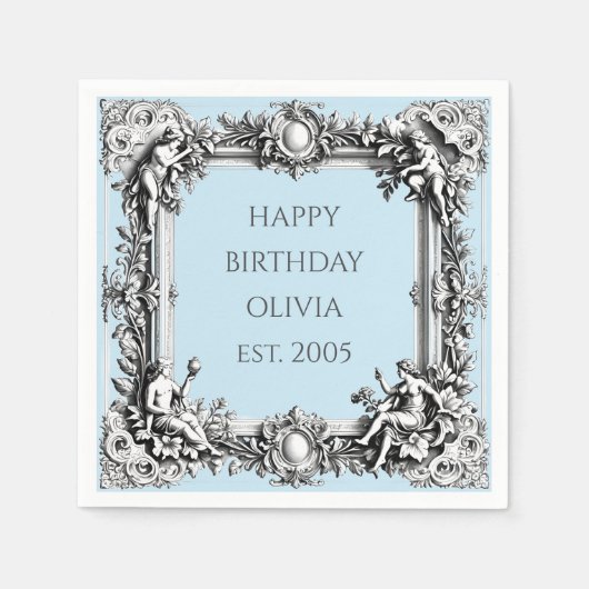 Custom Victorian Scroll Frame Napkin – pale blue スタンダードカクテルナプキン (正面)