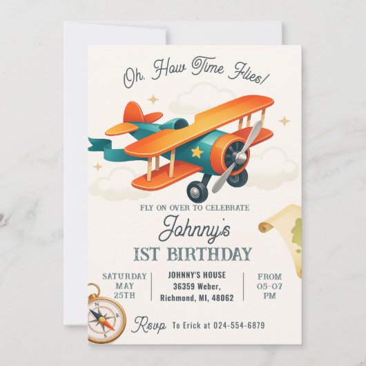 Custom Vintage Time Flies 1st Birthday Party 招待状 (正面)