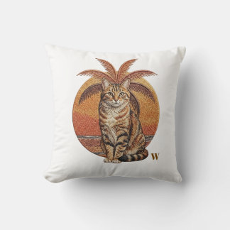 Custom "W" Embroidered Cat & Palm Tree Sunset  クッション