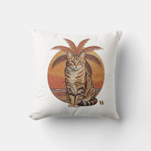 Custom "W" Embroidered Cat & Palm Tree Sunset  クッション (正面)
