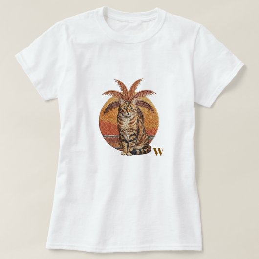 Custom "W" Embroidered Cat & Palm Tree Sunset  Tシャツ (デザイン正面)