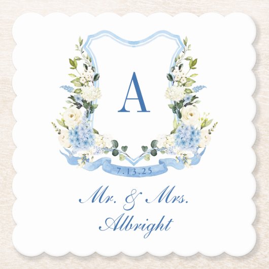 Custom Watercolor Hydrangea Floral Crest Wedding ペーパーコースター (正面)