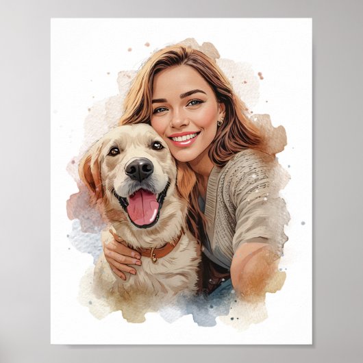 Custom Watercolor Pet & Owner Portrait from Photo ポスター (正面)