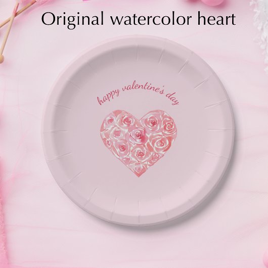 Custom Watercolor Rose Heart Valentine's Day ペーパープレート