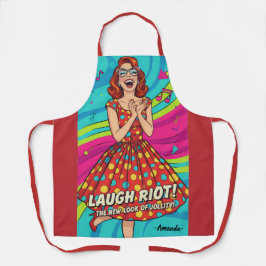 Custom watercolor vintage lady laughing red エプロン