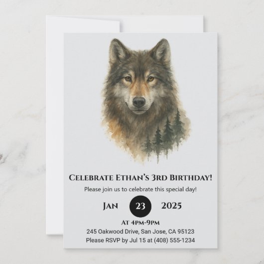 Custom Watercolor Wolf Birthday  招待状 (正面)