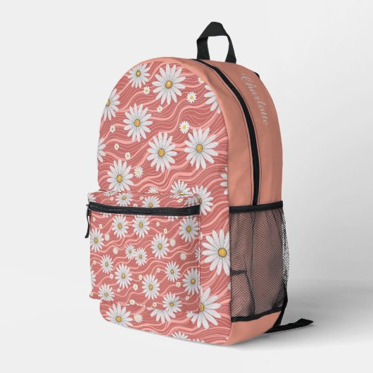 Custom Wavy Pink Daisies プリントバックパック (裏面右端)