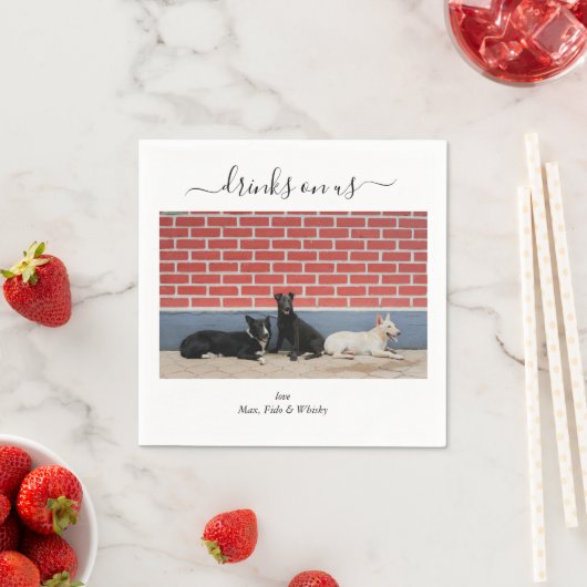 Custom Wedding 3 Dogs Drinks on Us Pet Fun Photo スタンダードカクテルナプキン (インサイチュ)