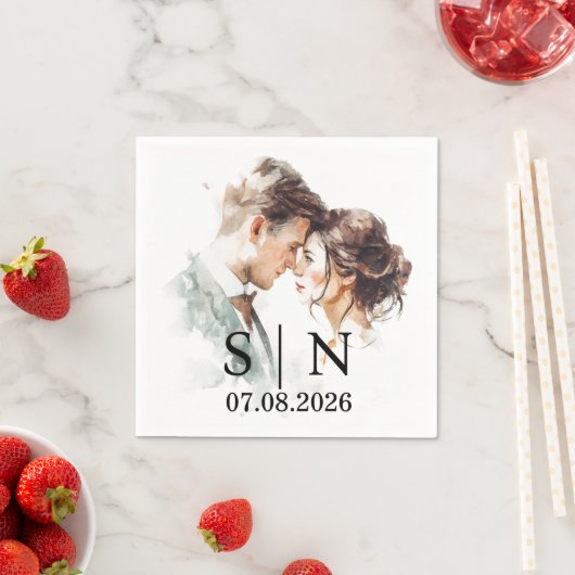 Custom Wedding Napkin – Photo, Initials & Date スタンダードカクテルナプキン (インサイチュ)