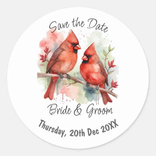 Custom Wedding Save the Date Christmas Cardinal ラウンドシール (正面)