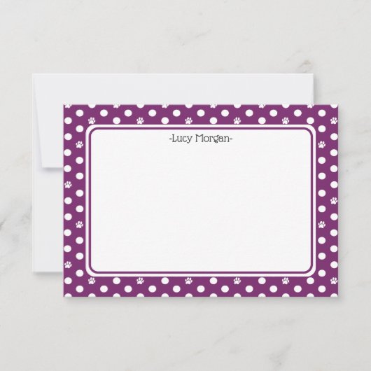 Custom Whimsical Paw Print Polka Dot Purple Note カード (正面)