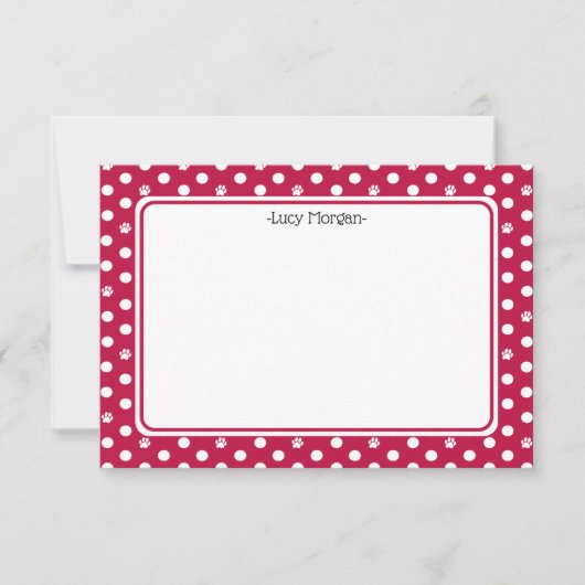 Custom Whimsical Paw Print Polka Dot Red Note カード (正面)