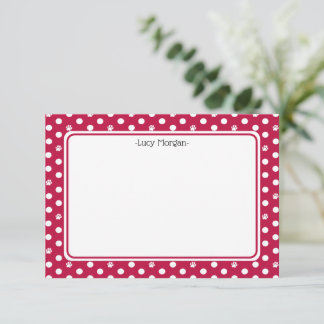 Custom Whimsical Paw Print Polka Dot Red Note カード