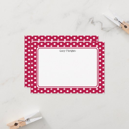 Custom Whimsical Paw Print Polka Dot Red Note カード (正面/裏面インサイチュ)