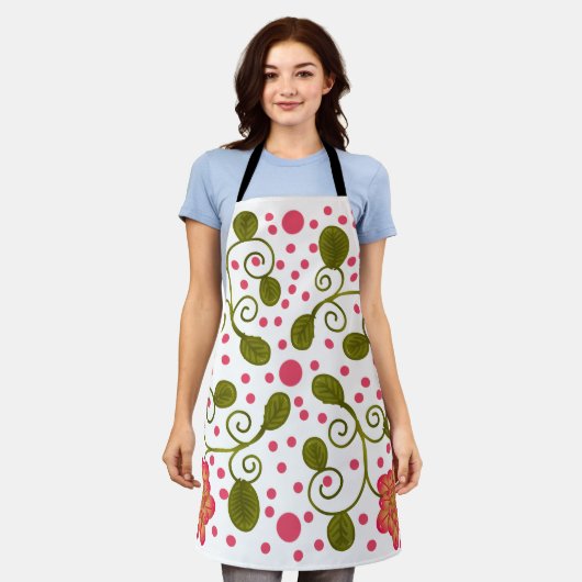 Custom Whimsical Pink Floral & Polka Dot Pattern エプロン (着用した状態)