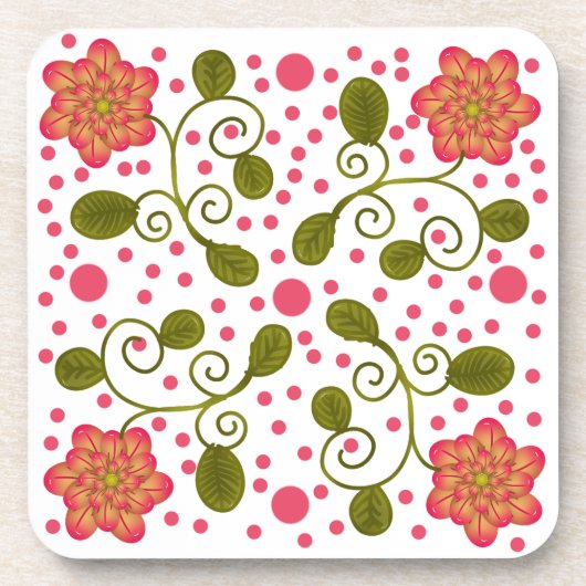 Custom Whimsical Pink Floral & Polka Dot Pattern コースター (正面)