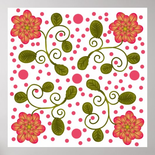 Custom Whimsical Pink Floral & Polka Dot Pattern ポスター (正面)