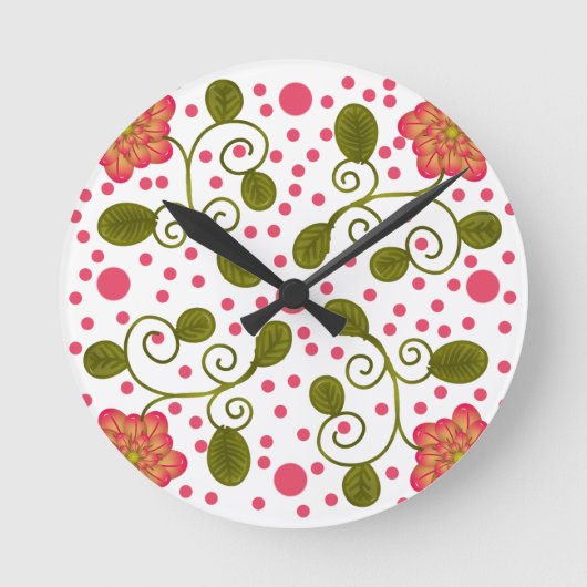 Custom Whimsical Pink Floral & Polka Dot Pattern ラウンド壁時計 (正面)