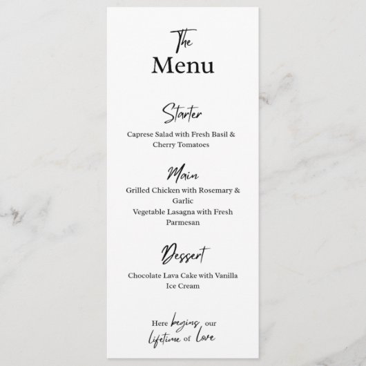 Custom White Menu Card . Wedding, Party, or Dinner メニュー (正面)