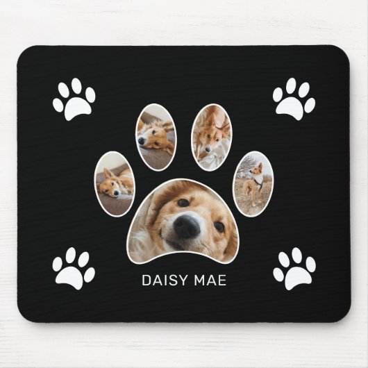Custom White Paw Print Name Photo Collage Black マウスパッド (正面)