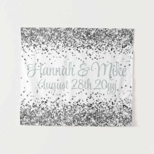 Custom White & Silver Glitter Wedding Photo Booth タペストリー (正面(横))