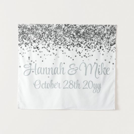 Custom White & Silver Glitter Wedding Photo Booth タペストリー (正面(横))